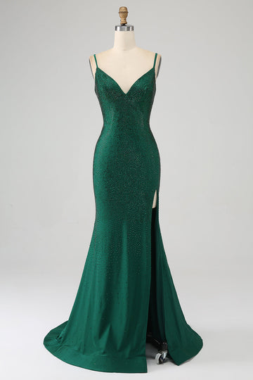 Sparkly Dark Green Beaded Long Mermaid Formal Dress with Slit